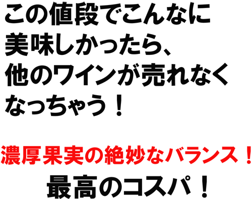 この値段でこんなに美味しかったら、他のワインが売れなくなっちゃう!濃厚果実の絶妙なバランス!最高のコスパ!