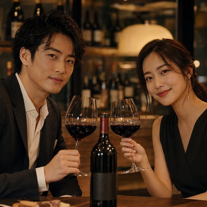 ペアモデルの乾杯シーン